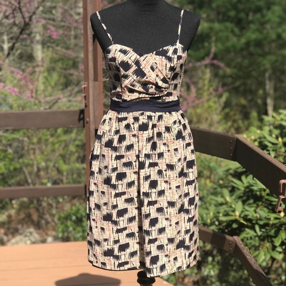 Burlapp Anthropologie Watercolor Abstract Fit+Flare Dress Sleeveless Beige - Picture 2 of 7